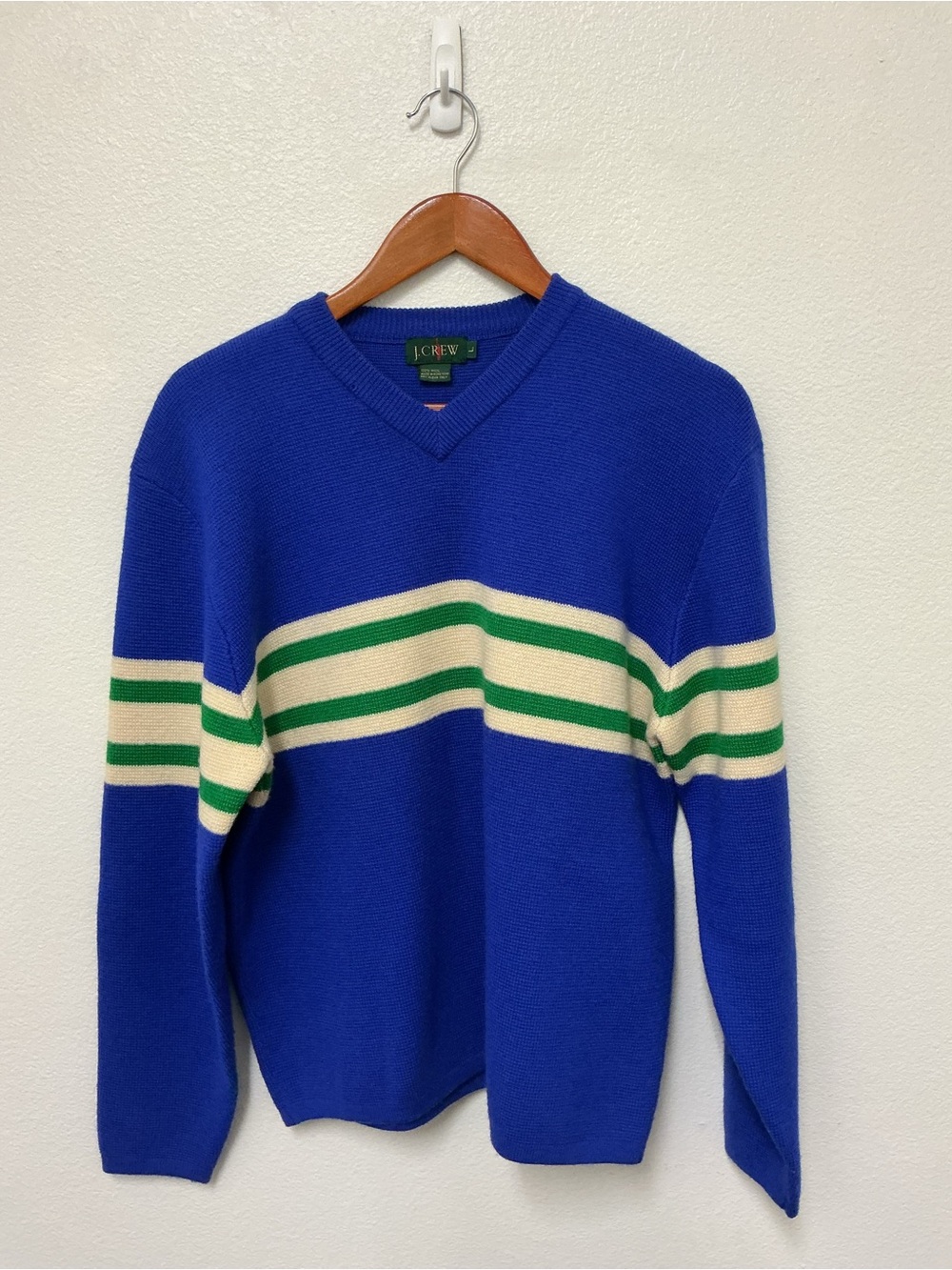J. Crew Men’s Royal Blue V-Neck Sweater with Cream and Green Stripes / Preowned
